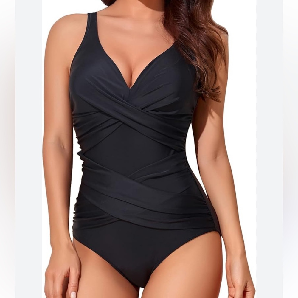 Black One-Piece Swimsuit cross front slimming large‎ NEW